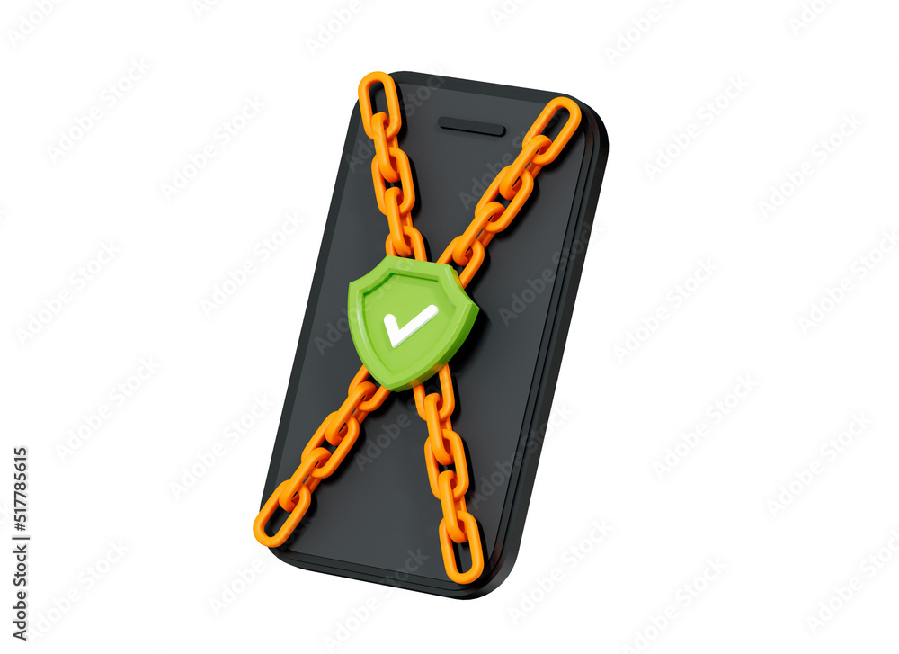 Poster 3d phone with data security. chain and shield protection. lock personal information. cyber security 