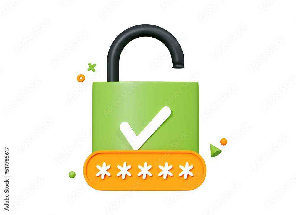 Poster 3d unlocked padlock with password. lock and pin code entry. security and safety. cyber privacy conce