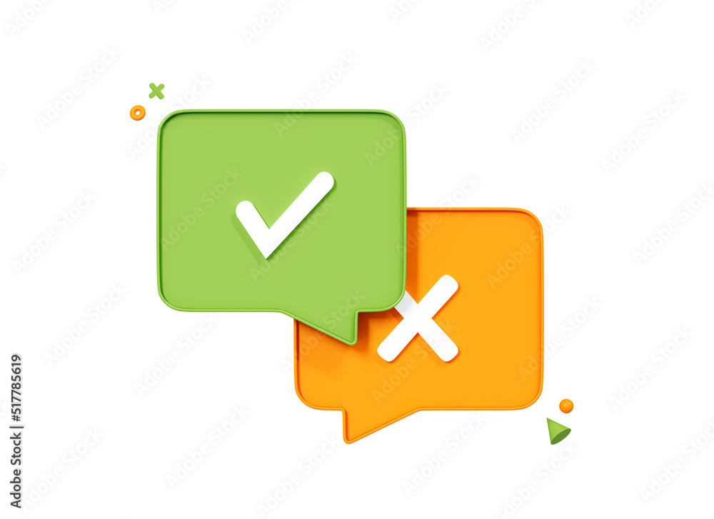 Poster 3d speech bubbles with tick and cross mark. survey reaction icons. yes and no button. accepted and r
