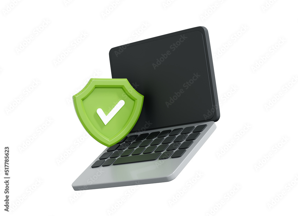Poster 3d computer laptop with security shield. cyber privacy concept. safety and protection. personal data