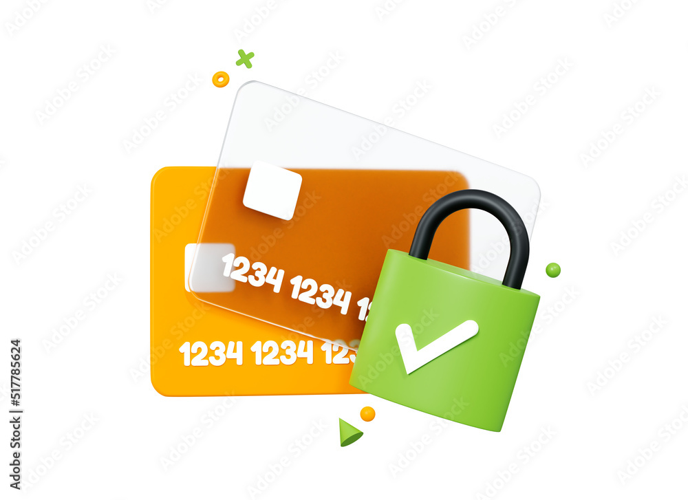 Poster 3d credit card with lock. protection for online payment. padlock with check mark. secure transaction