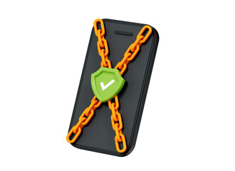 3D Phone with data security. Chain and shield protection. Lock personal information. Cyber security concept. Mobile antivirus. Cartoon creative design icon isolated on white background. 3D Rendering