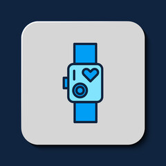 Filled outline Smart watch showing heart beat rate icon isolated on blue background. Fitness App concept. Vector