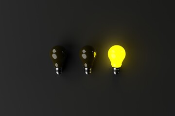 One lit Yellow light bulb in the background of other non-luminous light bulbs, dark background. The concept of the formation of ideas, creativity, problem solving. 3d render, 3d illustrator