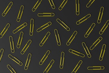 Yellow office paper clips on a dark background. Concept of office work, creativity. 3d render, 3d illustration.