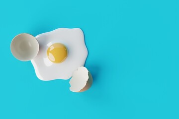 Broken egg on a blue background. Concept of cooking eggs, making an omelette, breaking the shell. 3d render, 3d illustrator