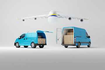 Two commercial delivery blue vans with cardboard boxes with airplane over them on white background. Delivery order service company transportation box with vans truck. 3d rendering, 3d illustration.