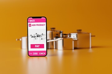 A phone with an application to buy on a background of steel pots. Online sales, e-commerce. Ordering products via the Internet. 3d rendering, 3d illustration.