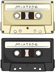 Vector illustration of an audio cassette tape labeled "Mixtape," in two colors.
