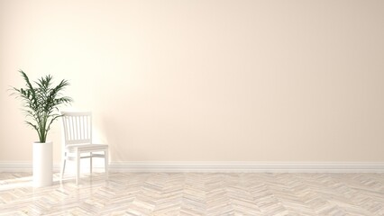 Chair against a white wall. Minimalistic interior. Parquet floor in the apartment. 3D visualization.