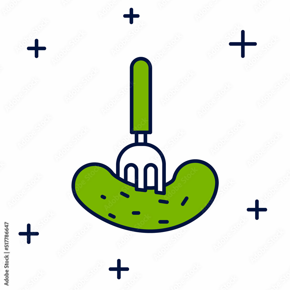 Poster filled outline pickled cucumber on a fork icon isolated on white background. vector