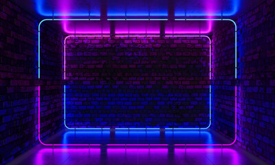 Obraz premium Brick wall, background, neon light. Neon room. 3d illustration