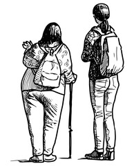 Hand drawing of two tourists girls standing outdoors and looking
