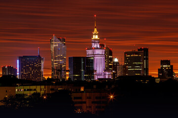 Fototapeta na wymiar City panorama, Warsaw skyline with at beautiful sunset clouds,