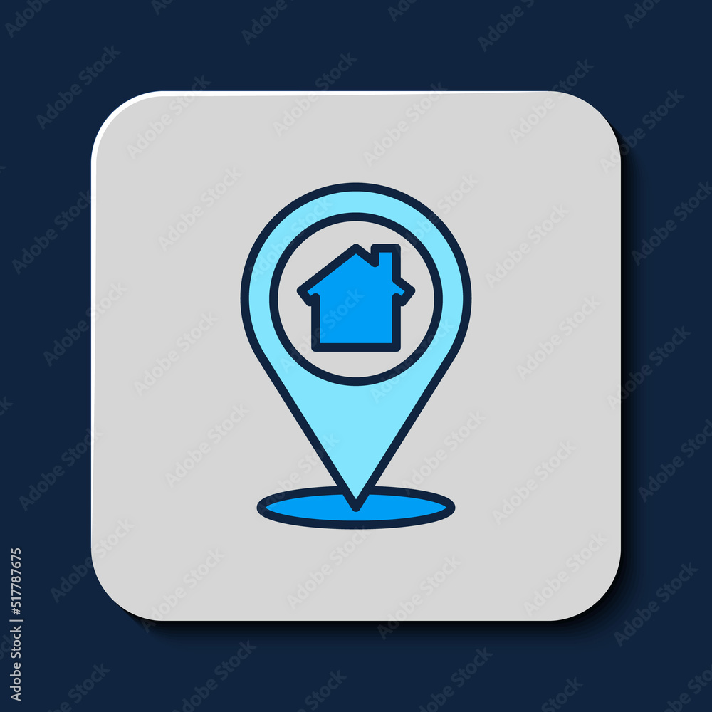 Poster Filled outline Map pointer with house icon isolated on blue background. Home location marker symbol. Vector