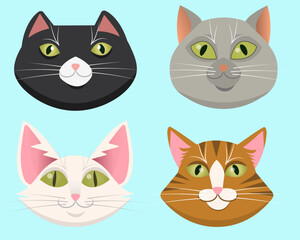 Set of cute cats' muzzles. Funny cartoon animal characters. Vector Illustration.