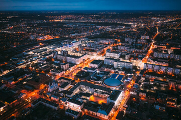 Brest, Belarus. Night Aerial Bird's-eye View Of Brest Cityscape Skyline. Famous Landmark Church Of...