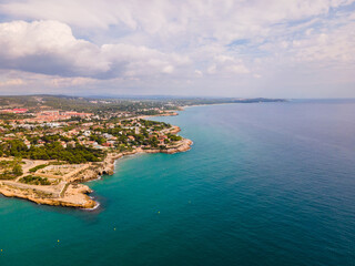 aerial drone view of the beach and ocean