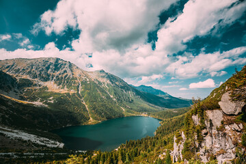Tatra National Park, Poland. Famous Mountains Lake Morskie Oko Or Sea Eye Lake In Summer Day. Topw View Of Beautiful Tatras Lake Landscape. UNESCO's World Network of Reserves. Polish Nature. - obrazy, fototapety, plakaty