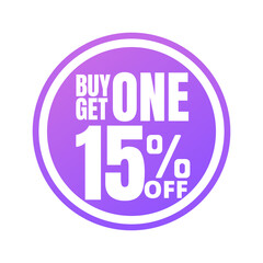 15% off, buy get one, online super discount purple button. Vector illustration, icon Fifteen 
