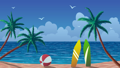 Vector illustration of beach in ocean with palm trees, red beach ball and surfboards.