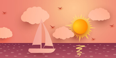 Vector flat cartoon illustration of summer. Silhouette of yacht on background of ocean at sunset.