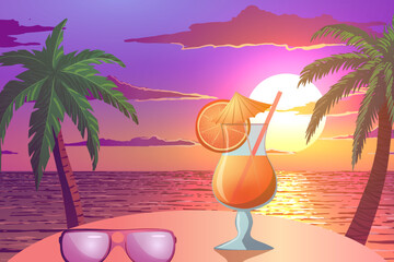 Vector illustration of summer. table on beach with orange cocktail and sunglasses. Calm ocean at sunset. - 517788461