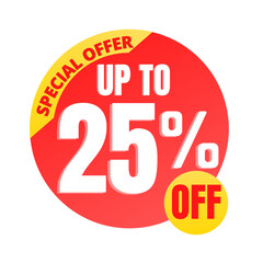 25% off, UP to special offer, icon mega discount, Vector illustration design red, Twenty-five 