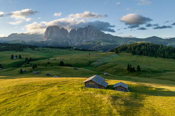 Aerial view of Seiser Alm valley with traditional wooden mountain huts in Dolomites Italy . Morning drone shot of idyllic Alpe di Suisi blooming meadow in South Tyrol 
