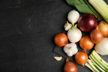 Fresh onion bulbs, leeks and garlic on black table, flat lay. Space for text