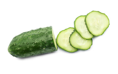 Fresh green sliced cucumber on white background, top view
