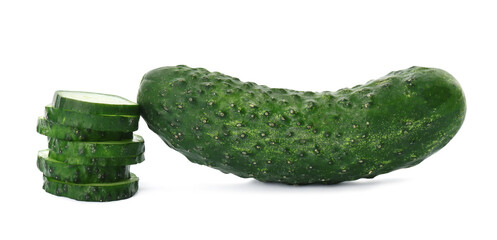 Whole and cut cucumbers on white background