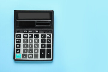 Modern calculator on turquoise background, top view. Space for text