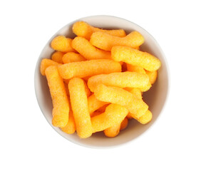 Many tasty cheesy corn puffs in bowl isolated on white, top view