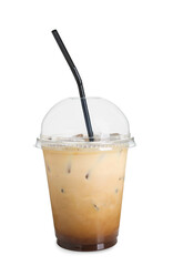 Takeaway plastic cup with cold coffee drink and straw isolated on white