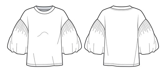Women's Top T-Shirt fashion flat technical drawing template.  Balloon sleeve T-Shirt, Blouse fashion Cad mockup, front, back view, white.