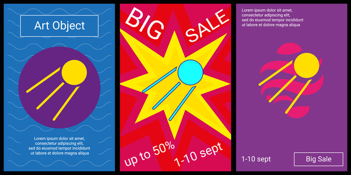 Trendy retro posters for organizing sales and other events. Large satellite symbol in the center of each poster. Vector illustration on black background