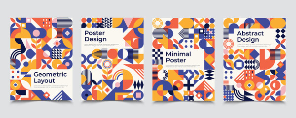 Four bauhaus inspired posters with square figures and text. Minimal modern abstract brochures. Abstract retro posters with basic figures templates