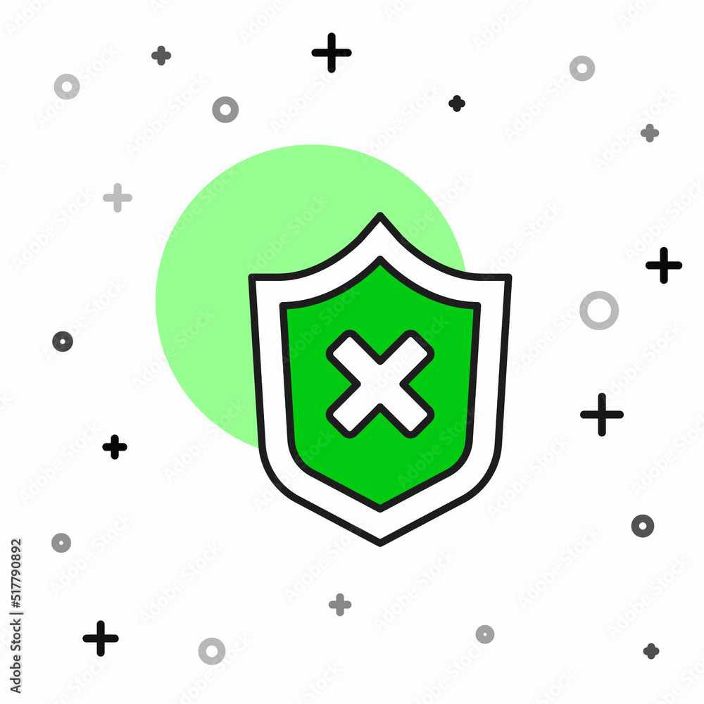 Poster filled outline shield with cross mark icon isolated on white background. shield and rejected. notice