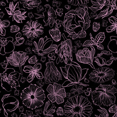 Fototapeta premium Seamless botanical pattern with flowers in doodle technique vector illustration 