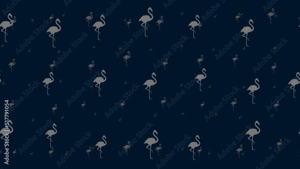 Poster flamingos symbols float horizontally from left to right. parallax fly effect. floating symbols are l