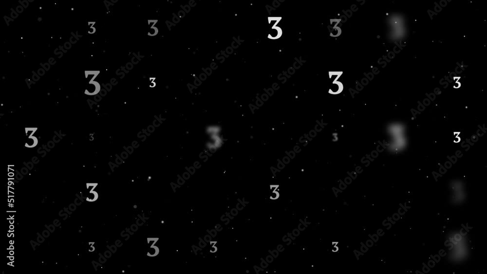 Poster template animation of evenly spaced number three symbols of different sizes and opacity. animation o