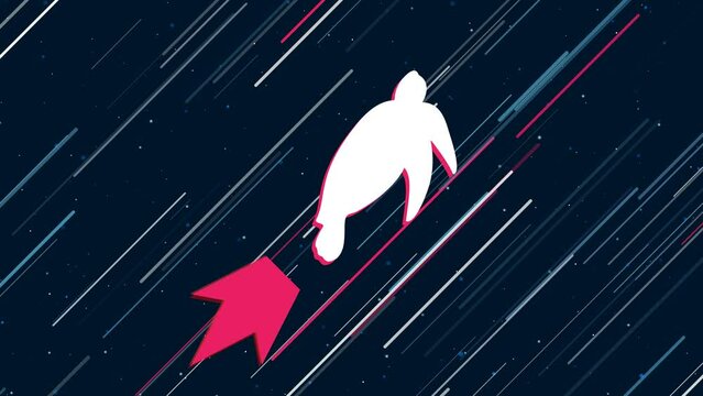 Sea turtle symbol flies through the universe on a jet propulsion. The symbol in the center is shaking due to high speed. Seamless looped 4k animation on dark blue background with stars