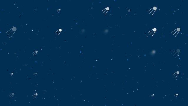 Template animation of evenly spaced satellite symbols of different sizes and opacity. Animation of transparency and size. Seamless looped 4k animation on dark blue background with stars