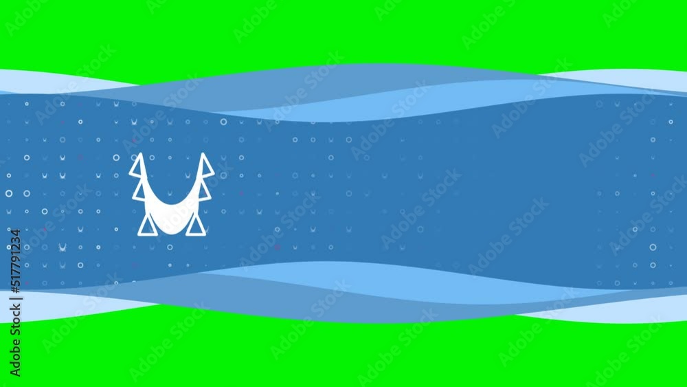 Poster animation of blue banner waves movement with white yoga hammock symbol on the left. on the backgroun