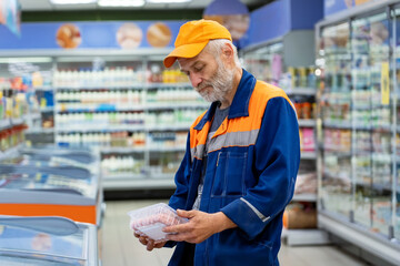 Senior man reading food label product at the supermarket. Mature man buying groceries in food store