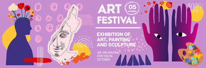 Vector abstract modern illustrations for creative festivals and art events. Art objects for exhibition of classical and contemporary painting, sculpture and music. Drawings for poster or banner