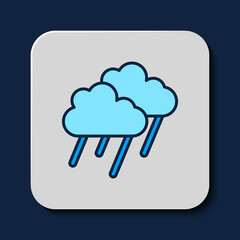 Filled outline Cloud with rain icon isolated on blue background. Rain cloud precipitation with rain drops. Vector