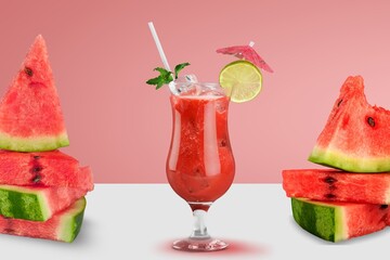 Tasty ripe fresh watermelon juice or smoothie in glasses with watermelon pieces. Refreshing summer drink