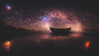 Abstract night fantasy landscape with a starry sky, a boat on the water, a lake in which the galaxy is reflected, the milky way, the universe, stars, planets. 3D illustration.
